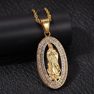 Yeni Guys Altın Kaplama Paslanmaz Çelik Bling Elmas Virgin Mary Oval Kolye Kolye Zinciri Erkekler ve Kadınlar Hip Hop Bijoux Jewelr289s