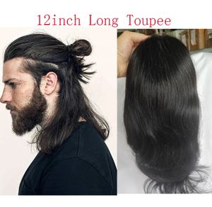 Erkekler için 12 Uzun Toupee% 100 Virgin İnsan Saç Değiştirme Sistemi Erkekler için 10x8 Base Boyutu İsviçre Dantel Ön PU Toupee Hair240115