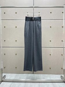 Calças femininas 2024 outono/inverno cintura alta couro cinto de borracha emenda lã 0110