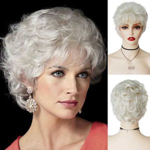 Sentetik peruklar gnimegil sentetik kısa kıvırcık saç peruk Bangs platin sarışın mommy peruk kadın cosplay doğal saç stili günlük yaşlı peruk q240115