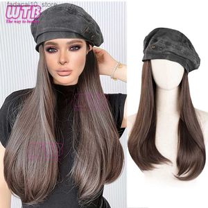 Sentetik peruklar wtb şapka peruk moda kadınlar denim beret sentetik uzun düz peruk kış şapka şapka tek parça peruk sıcak ve şık Q240115