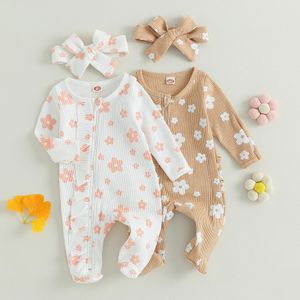 Citgeett Autumn Infant Baby Girl Footed Jumpsuit Cartoon Floral Print Long Sleeve Zipper Romper Bow Headband Clothes 240116