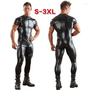 Erkekler Pantolon Mens Patent Deri Kısa Kollu Bodysuit Çift fermuarlı kafa açık kasık eşcinsel kulüp leotard motosiklet tulumlar giyim