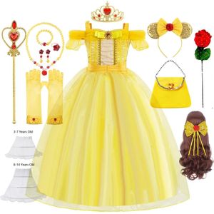 Çocuk prenses kostüm cadılar bayramı güzelliği ve canavar cospal fantezi bella elbise çocuk balo elbisesi belle kostümler kızlar 240116