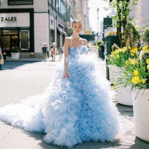 Günlük Elbiseler Masal Mavi Tam Katmanlı Tül Gelin 3D Çiçek A-Line Straplez Tutu Gelinlikleri Kadın Maksi Elbise Part