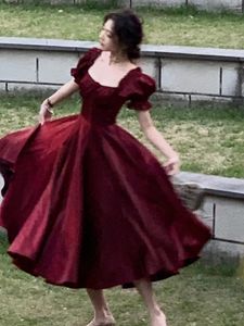 Fransız Vintage Burgundy Akşam Partisi Elbise Kadınlar Yaz Zarif Romantik Prom Vestidos Kore A-Line Mezuniyet Elbiseleri 240115