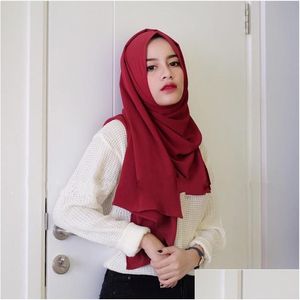 Eşarplar Lüks Tasarımcı Satin Şifon Başörtüsü Eşarp Kadın Müslüman Moda Kırışıklık Büyük Boyu Kırışıklık Kadın Eşarplar Türban Bandana 1P Dhdcz
