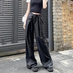 Calças femininas preto perna larga japonês oversize calças harajuku moda gótico streetwear casual chique escritório senhoras coreano 2024