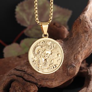 Зодиакальный Дракон, 14-каратное желтое золото, подвески, ожерелья для женщин и мужчин, ювелирные изделия золотого цвета, круглые украшения-талисманы, счастливый символ, подарки