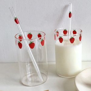 300ml Strawberry Cute Glass Cup With Straw Creative Transparent Water Cup Student Milk Heat Resistant Glass Nana 240116