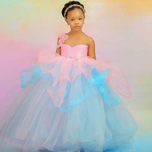 Colorful Flower Girl Dresses One Shoulder Tiered Tulle Ball Gowns Flowergirl Dress Hand Made Flowers Princess Beaded First Birthday Party Dresses NF002