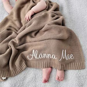 Knitted Personalized Name Baby Shower born Baby Gift Soft Breathable Blanket Embroidered Kids Cotton Nap Blanket 240116