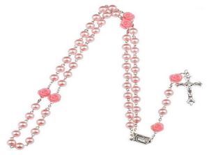 Ожерелья с подвесками, 2 шт., модные 8 мм стеклянные бусины с имитацией жемчуга, ожерелье с четками и цветком розы, серебряные четки в центре Лурда Jewe9897435