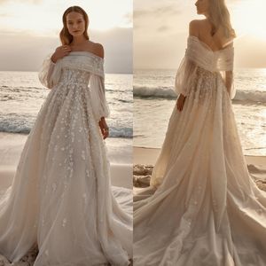 ZUHAIR MURAD 2024 Gelinlik Gelin Gowns Omuz Dantelinden Aplike Bir Çizgi Plajı Boho Gelin Elbise