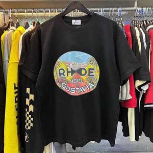 Erkek Tişörtler 24SS Rhudes Rhudes Rh Ude Mens T Shirt Yüksek Kaliteli Tess Tasarımcı Günlük Moda Kısa Kollu Avrupa Amerika Erkek Kadınlar Yuvarlak Boyun Tshirts Beden Rhude-S4