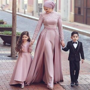Yüksek Neck Arap Müslüman Tulum Gece Elbiseler Uzun Kollu Aplikler Kaftan Resmi Akşam Partisi Elbiseler Zemin Legnth Vestidos 3321
