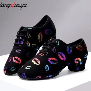 high heel dance shoes sneakers women ballroom latin dance shoes woman black close toe dancing shoes for women Lip print 240116