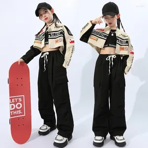 Sahne Giyim Çocuklar Teenage Hip Hop Giyim Motosycle Ceket Yarışı Mahsul Ceket Üstleri Siyah Joggers Pants için Kız Boy Caz Dans Kostüm Giysileri