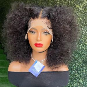 Brezilyalı Afro Kinky Kıvırcık% 180% Yoğunluk Önceden Pluched Yan Parça Kısa Bob Wig Siyah Renk 13x4 Dantel Frontal Peruk Siyah Kadın İçin