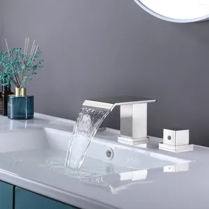 Banyo Lavabo Muslukları Katı Pirinç Modern Şelale Havza Museti 3 Delikler 2 Kare Tutamak Fırçalanmış Nikel Bakır Soğuk