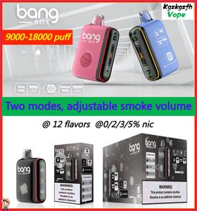 Bang Box Puff 9000 Puff 18000 Ondayable Vape с регулируемым объемом дыма 9K Puffs 18K Puffs Vaper 12 вкуса Vape 0% 2% 3% 5% Светодиодный ручка Два моды Электронная сигаретная система