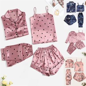 4 Pieces Sleepwear Set Pajama Set For Women Faux Silk Stain Nightwear Fashion Comfortable Sexy Sling Shorts Printed Home Clothes 240117