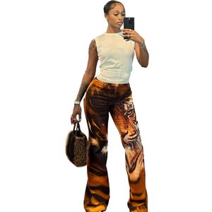 Kadın Tiger Baskı Flare Pantolon Kadın Y2K Yaz Trend Sıska Elastik Vahşi Sokak Giyim Temel Yüksek Bel Pantolon