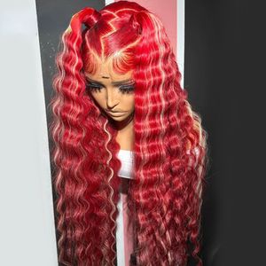 40 inç şeffaf dantel ön insan saç perukları kiraz kırmızı sarışın 613 şerit vurgular 13x4 derin dalga dantel frontal peruk sentetik kadınlar için