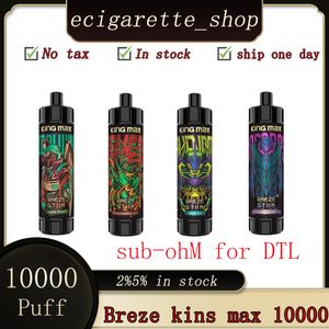 Оригинальный Breze Stiik King Max 10000 Puff Перезаряжаемый Sub-ohm для одноразовых электронных сигарет DTL Vapes Pen puff 10000 с предварительно заполненным картриджем 20 мл, аккумулятором 850 мАч, 10k