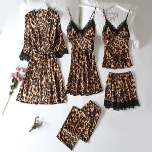 Summer 5 Pcs Set Women Pyjama Satin High Quality Sexy Leopard Sleepwear With Chest Pad Pajamas 240117