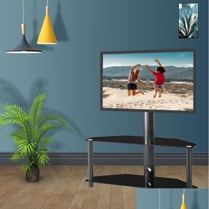 Oturma Odası Mobilyaları ABD Stok Yüksekliği ve Açısı Ayarlanabilir MTI-Fonksiyon Temsil edilmiş Cam Metal Çerçeve Zemin TV Stand LCD Braket Plazma D DHRD0