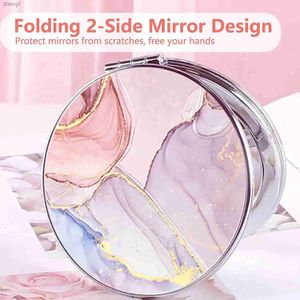2pcs Aynalar Taşınabilir Makyaj Aynası Taşınabilir Metal Mini Katlanır Ayna Mermer Doku Basit Çift Taraflı Ayna Elde Taşınma Yuvarlak Ayna Hediyesi