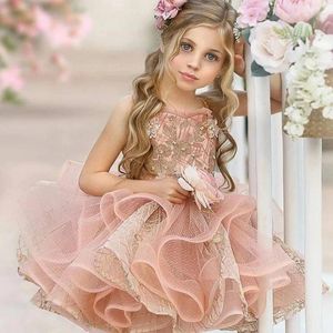 Kız Elbise Düğün Aplike için Pembe Çiçek Elbise Kilel Kesik Katmanlı Diz Uzunluğu Prenses Doğum Günü Partisi İlk Cemaat Gowns