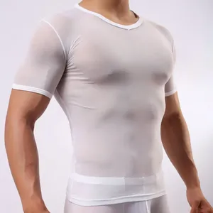 Erkek Tişörtleri Şık Spor T-Shirt İnce Uygun Uygun Renkli Cilt Dokunma Şeffaf See-Through Tee Fitness Üst Pansuman