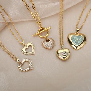 Винтажное циркониевое сердце, 14-каратное желтое золото, ожерелья для женщин, кулон в форме сердца, кулон «сглаза», колье, ювелирное изделие, подарок, Bijoux Femme