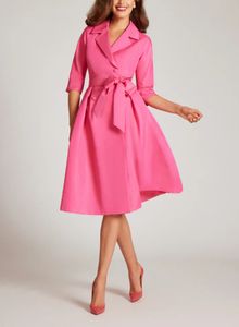 Винтажное короткое розовое тафтовое платье с v-образным вырезом для матери невесты с бантом/карманами, плиссированное трапециевидное платье длиной до колена, платье для мамы жениха, платье для крестной матери для женщин
