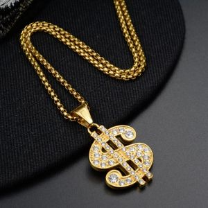 Hip Hop Buzlu Dolar Dolar Sign Para Kolye Kolye Kadınlar Erkekler 14K Sarı Altın Zincirleri Hiphop Amerikan Takı