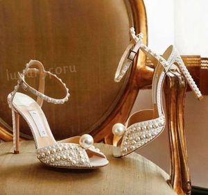 24SS Summer Sacaria Dress Wedding Shoes Pearl-Embellished Satin Platform Sandals Elegant Women White Bride Pearls High Heels Ladies Pumps EU35-43 box