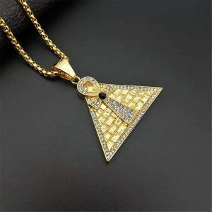Hip Hop Mısır Piramit Ankh Çapraz Kolye Kolye 14K Sarı Altın Buzlu Zirkon Bling Charm Jewelry