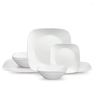 Тарелки Классический чистый белый квадратный набор столовой посуды из 12 предметов, обеденная тарелка для салата, устойчивость к фрагментации, прочный