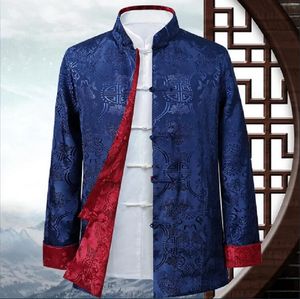 Heißer Verkauf Männer Chinesischen Stil Satin Seide Tang-anzug Jacke Doppelseitigen Langarm Kung Fu Mantel Hanfu Kleidung Jacken größe S-3XL