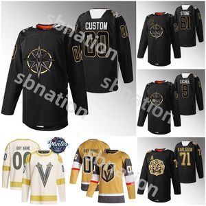 Vegas siyah tarih gece altın şövalye hokey forması özel nakış 7 Alex Pietrangelo 61 Mark Stone 71 William Karlsson 9 Jack Eichel 2023 Isınma Jersey Erkekler Çocuk