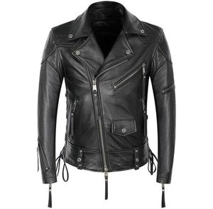 Мотоциклетная кожаная куртка мужская из натуральной воловьей кожи пальто в стиле панк-рок костюм на молнии на шнуровке тонкий короткий9036710
