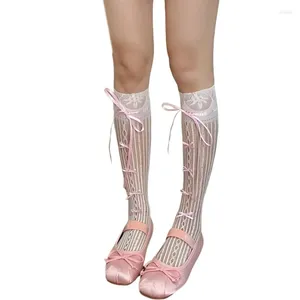 Women Socks Womens Ballet Style Ribbon Bows Tie Stocking Openwork Lace Striped Fishnet Hollows Long Knee Length Sock