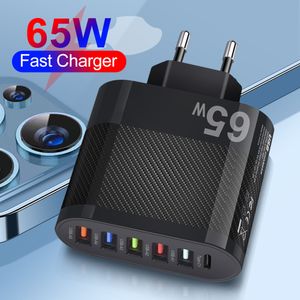 65W Fast Phone Charger 6 Ports 5USB + 1Type-C Smart Shunt Charging Adapter EU US UK Plug Mobile Phone QC 3.0 Type C Wall Charger for iPhone, iPad, Tablet