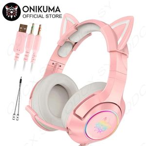 Наушники ONIKUMA K9, игровая гарнитура, шлем, милая девушка, розовые кошачьи ушки, стереонаушники с микрофоном, светодиодная подсветка для ноутбука, компьютера, геймера