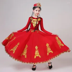 Sahne Giyim Çocuk Festivali Xinjiang Dans Kostümü Kızın Büyük Salıncak Elbisesi Uyghur Azınlık Takım Hmong Etek