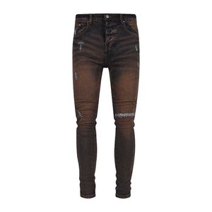 Мужские джинсы ДЕНИМ | Американский дизайн с двумя пуговицами на средней талии для ремонта узких красно-коричневых джинсов