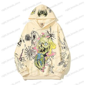 Erkek Hoodies Sweatshirts El boyası Graffiti Koyu İskelet Kafa Tasarım Kazak Kapşonlu Kapüşonlu UNISEX SOKAK GİYESİ Y2K Polar Sweatshirtler Büyük Boy T240122