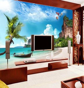 Carta da parati personalizzata po grande murale adesivi murali spiaggia spiaggia alberi di cocco cielo blu nuvole bianche isola paesaggio272j6093380